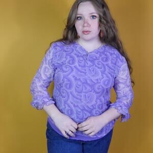 Pastel Purple Abstract Sheer  Mesh Silk Top, XL